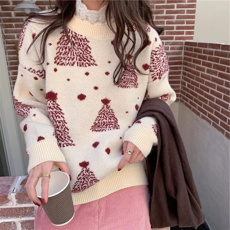 Red Christmas Tree Jacquard Warm Sweater Women