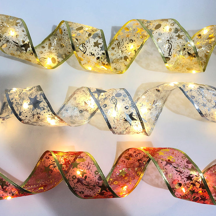 LED Lights Hot Stamping Double-layer Ribbon Christmas Decorations