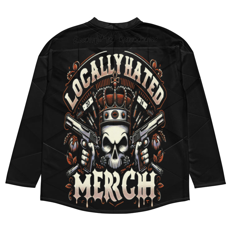 Locally Hated Merch - 2 Gun Skull Orange - Recycled hockey fan jersey 