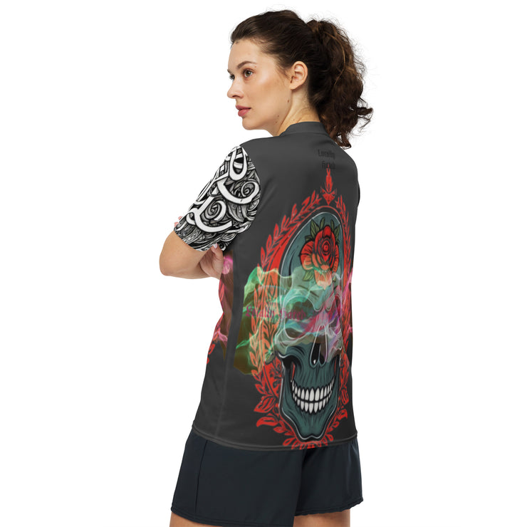 𝕷𝖔𝖈𝖆𝖑𝖑𝖞 𝕳𝖆𝖙𝖊𝖉 𝕸𝖊𝖗𝖈𝖍- Colourful Tribal Skull - Unisex sports jersey 