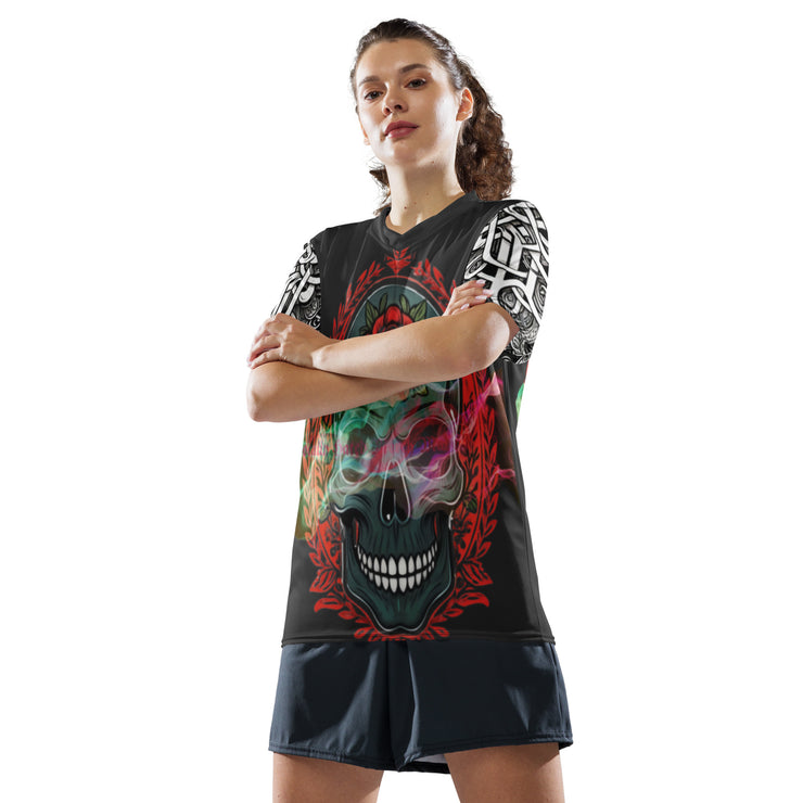 𝕷𝖔𝖈𝖆𝖑𝖑𝖞 𝕳𝖆𝖙𝖊𝖉 𝕸𝖊𝖗𝖈𝖍- Colourful Tribal Skull - Unisex sports jersey 