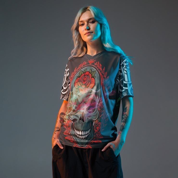 𝕷𝖔𝖈𝖆𝖑𝖑𝖞 𝕳𝖆𝖙𝖊𝖉 𝕸𝖊𝖗𝖈𝖍- Colourful Tribal Skull - Unisex sports jersey 