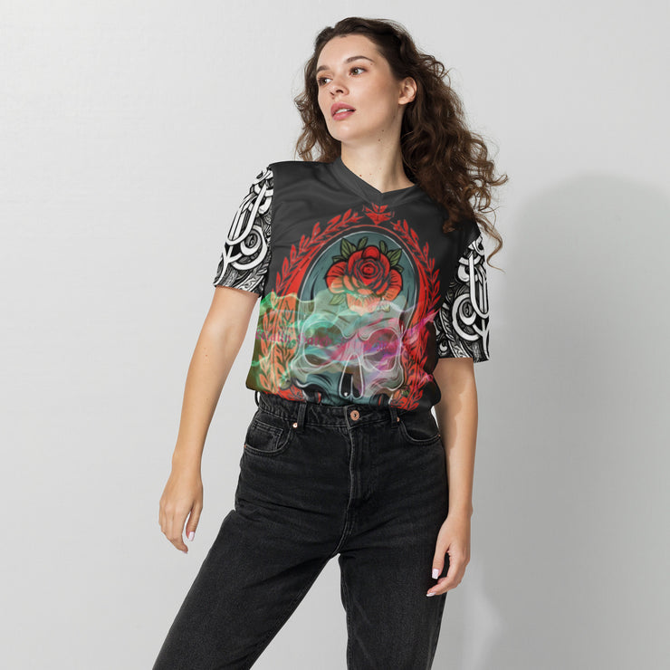 𝕷𝖔𝖈𝖆𝖑𝖑𝖞 𝕳𝖆𝖙𝖊𝖉 𝕸𝖊𝖗𝖈𝖍- Colourful Tribal Skull - Unisex sports jersey 