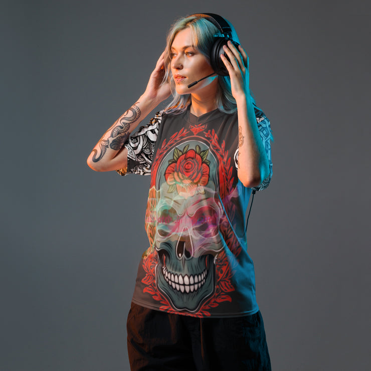 𝕷𝖔𝖈𝖆𝖑𝖑𝖞 𝕳𝖆𝖙𝖊𝖉 𝕸𝖊𝖗𝖈𝖍- Colourful Tribal Skull - Unisex sports jersey 